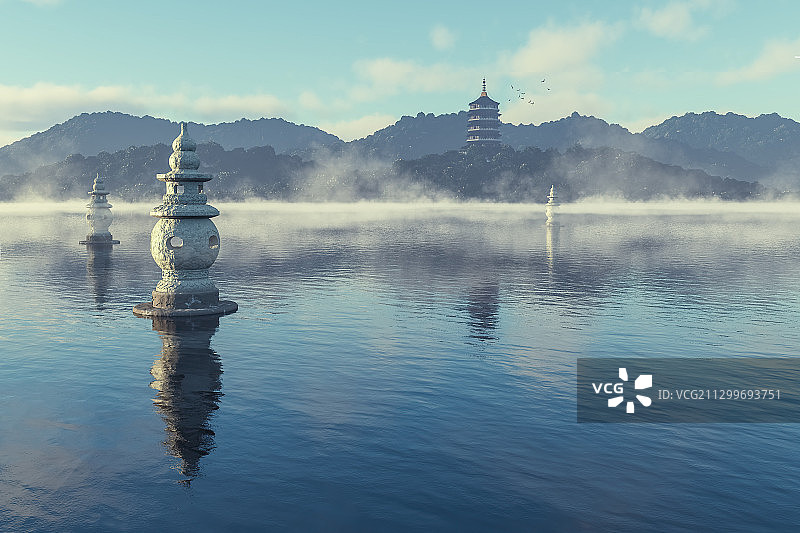 清晨暖阳和迷雾中的西湖三潭印月和雷峰塔景区图片素材