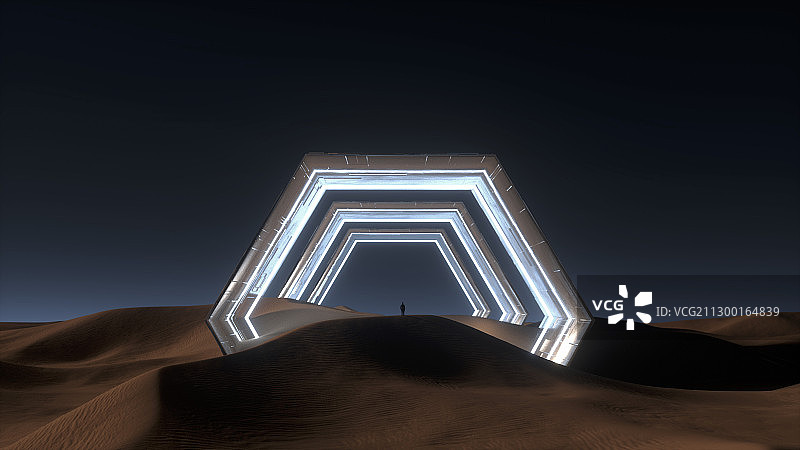 3D渲染沙漠中的门科幻艺术概念场景图片素材