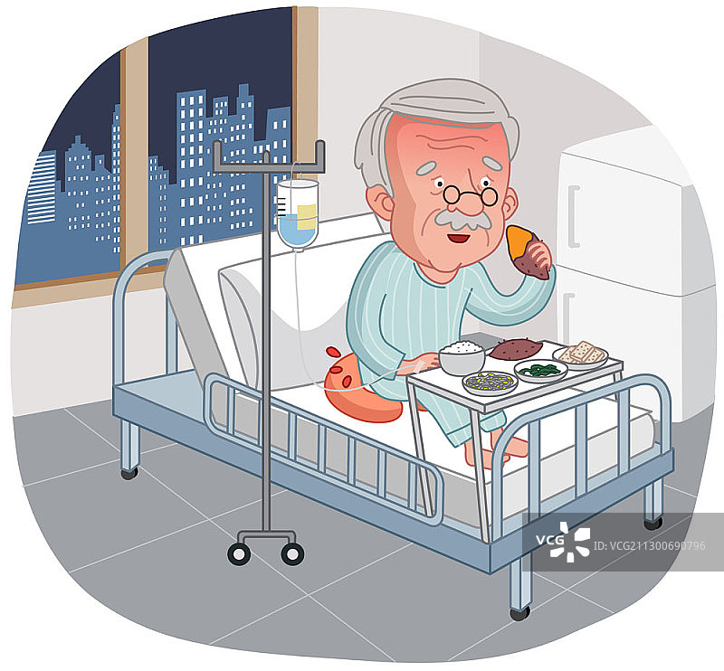 图为一位老人在病房里吃高纤维膳食图片素材
