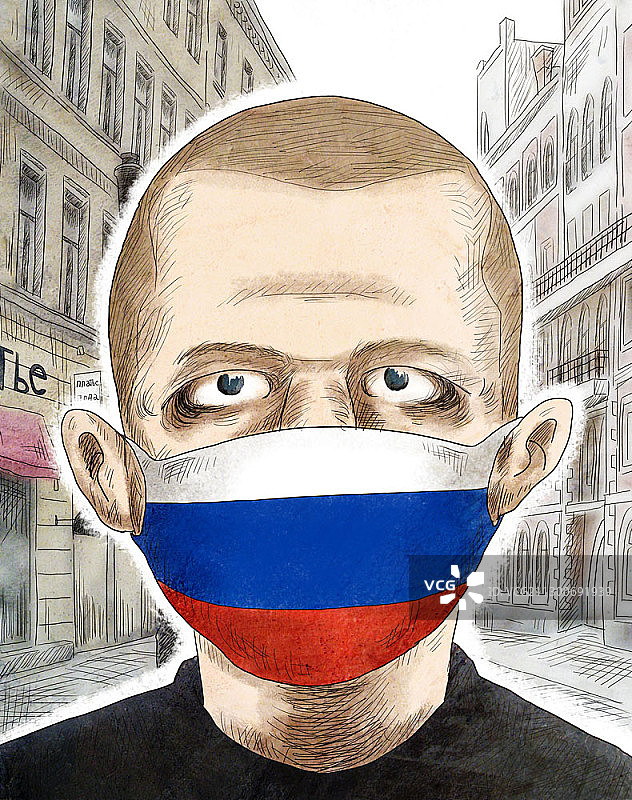 卡通风格插图的人戴着面具与俄罗斯国旗图片素材