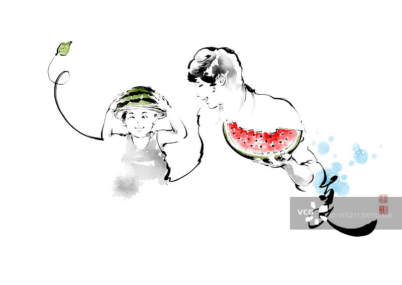 水墨画的男人和男孩吃西瓜图片素材