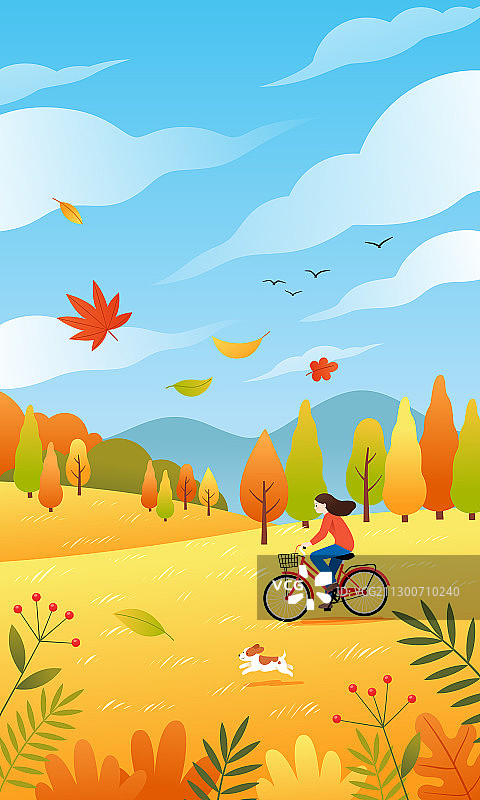 秋天一个女孩在户外骑自行车竖版图片素材