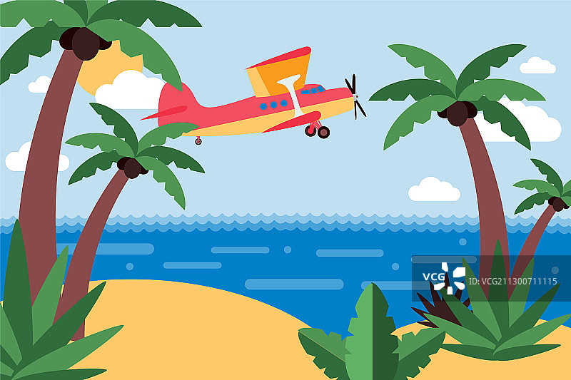 飞机飞到热带岛屿，穿越海洋图片素材