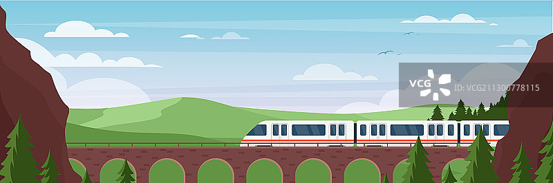 火车在夏季风景中的桥上行驶图片素材