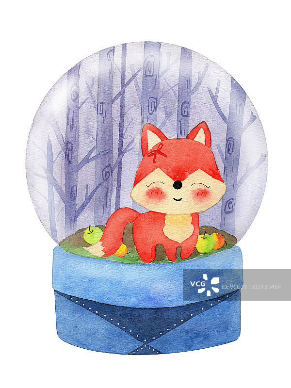 手绘水彩狐狸动物元素玻璃球摆件插画图片素材