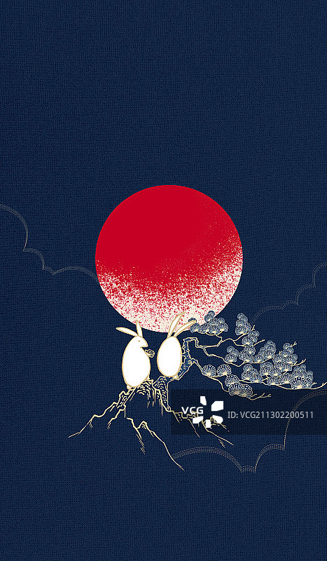 中秋节松树上的两只兔子插画竖版图片素材