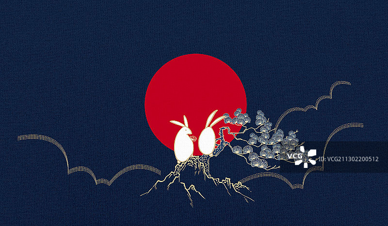 中秋节松树上的两只兔子插画横版图片素材