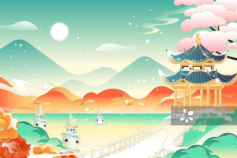 卡通杭州西湖三潭印月冬季自然风景城市建筑旅游中国风矢量插画图片素材