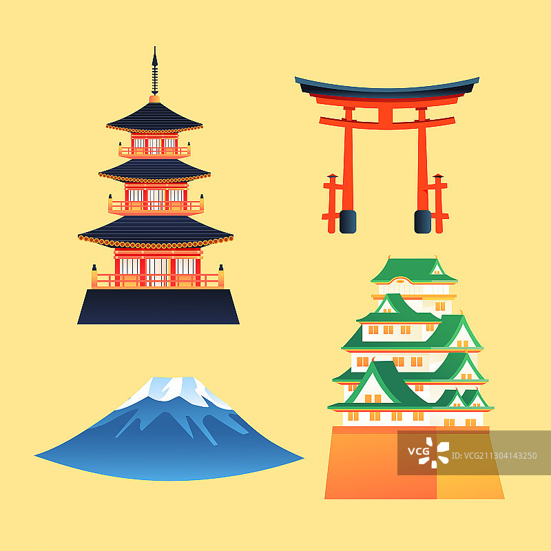 卡通日本古建筑出国游唯美冬季雪景富士山出游旅行姬路城矢量插画图片素材