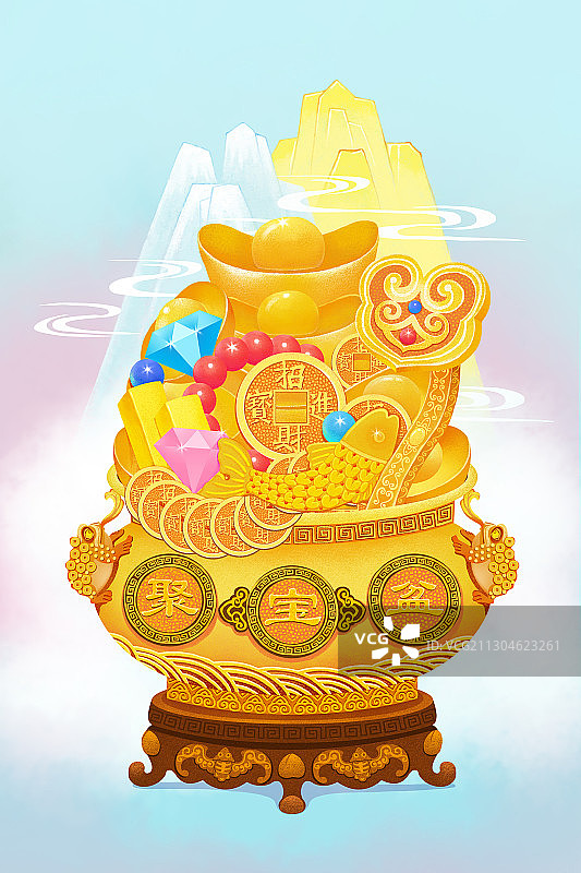新年元素春节元素插画-金三银山宝山 聚宝盆图片素材