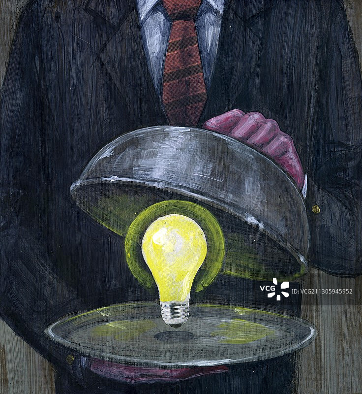 一个男人在盘子里端上发光的灯泡的插图图片素材