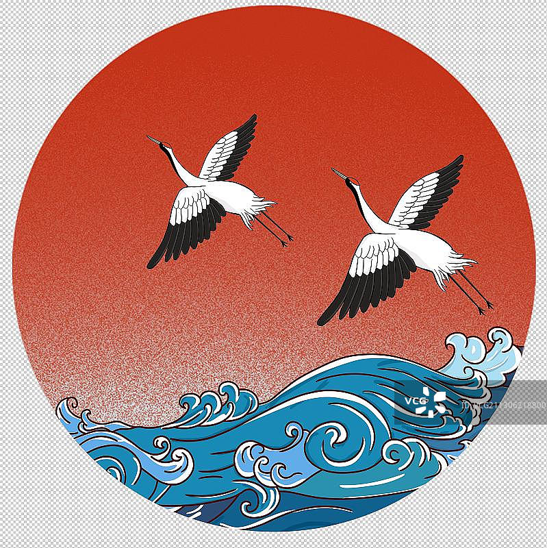 满月里的海浪与两只飞鹤图片素材