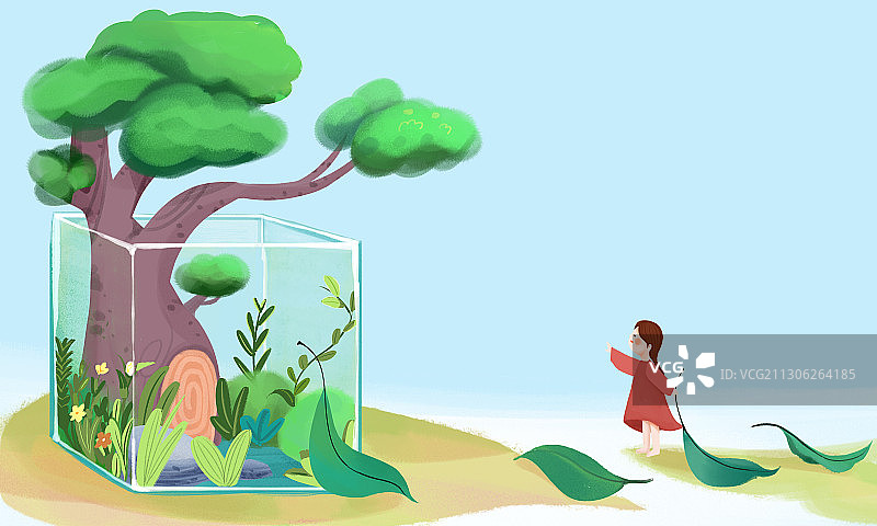 小清新卡通小女孩植物玻璃生态缸场景插画图片素材