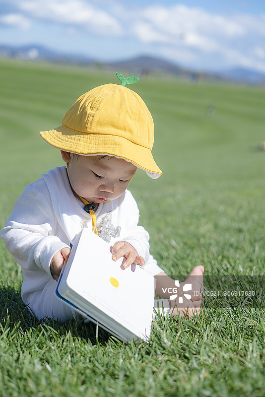 阳光下坐在草坪上认真看书的小黄帽婴儿图片素材