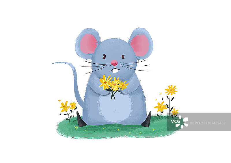 卡通可爱捧着花的老鼠插画图片素材