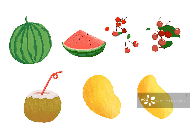 卡通夏天西瓜芒果椰子樱桃水果插画图片素材