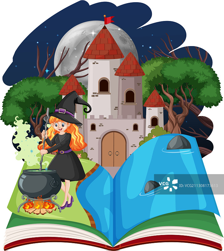 女巫和城堡塔与弹出书卡通图片素材