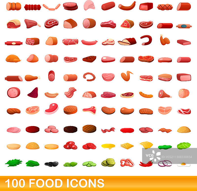 100个食物图标设置卡通风格图片素材