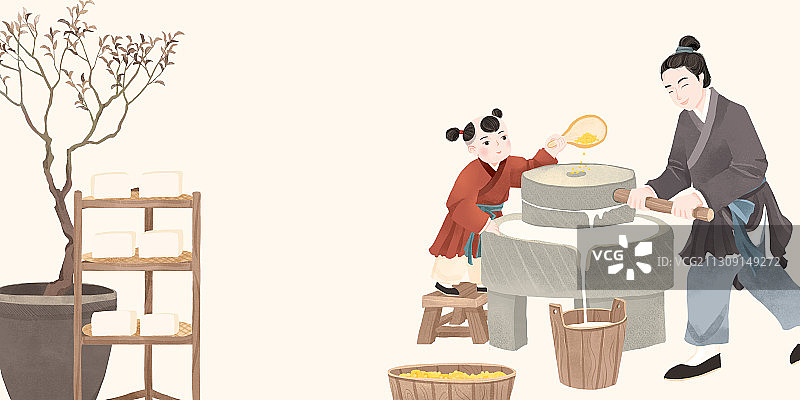 中国古代传统年俗腊月二十五磨豆腐插画图片素材