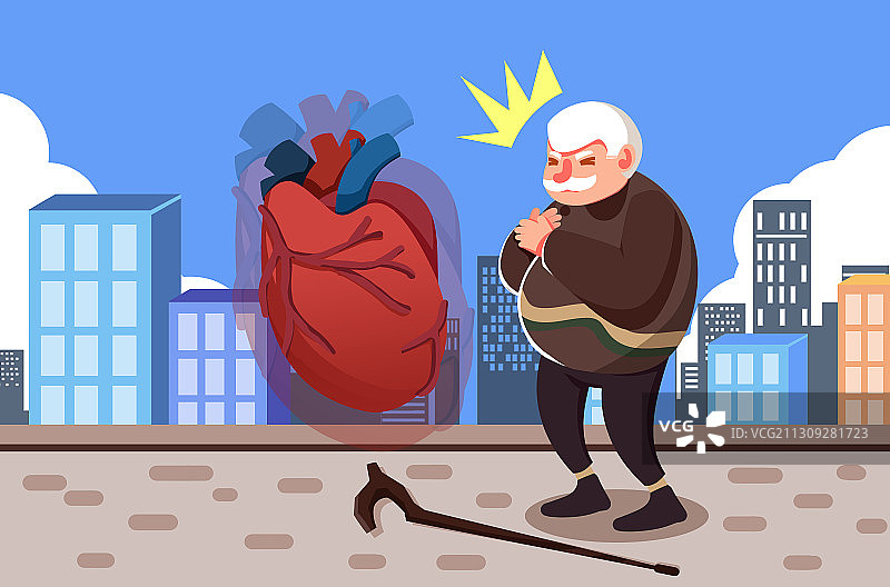 卡通手绘老人突发心梗心脏病胸口疼痛插画图片素材