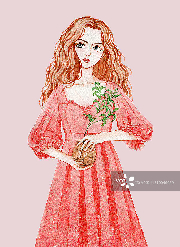 手拿插着植物花瓶的长发红裙少女 水彩手绘图片素材