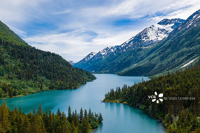 湖和山对天空的风景，樱草花，阿拉斯加，美国，美国图片素材