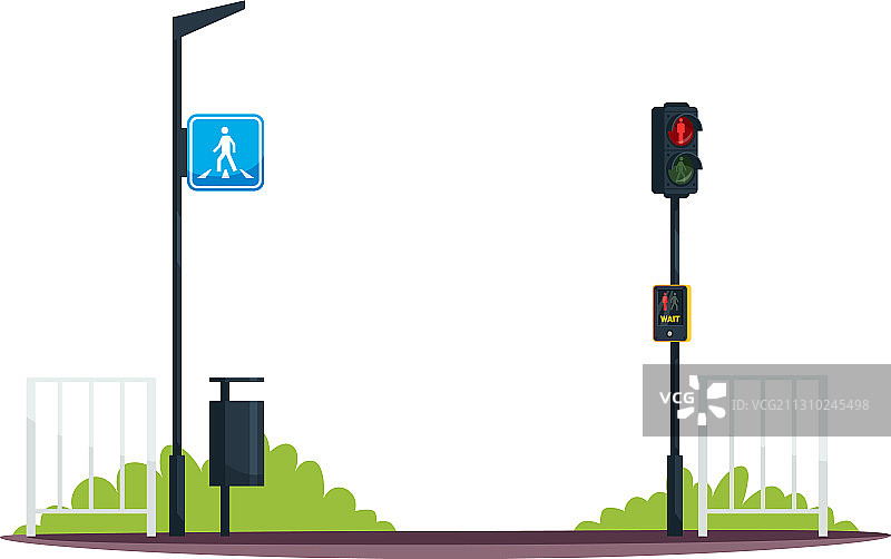 人行横道与等待交通按钮半平坦RGB图片素材