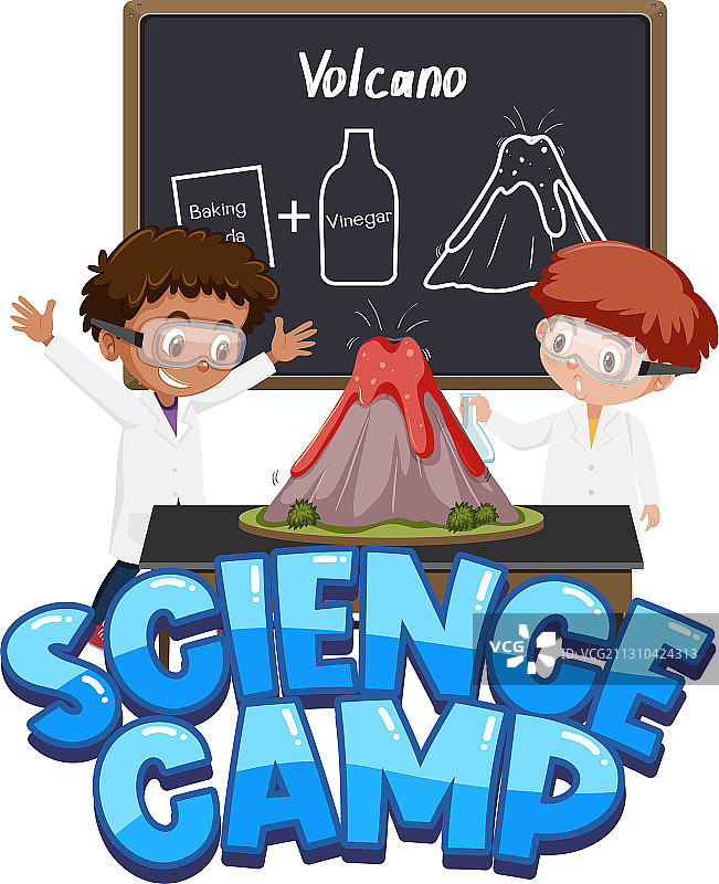 科学营标志和儿童与火山图片素材
