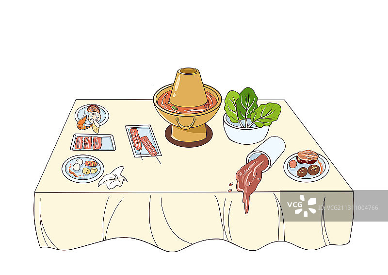 扁平卡通吃火锅剩余食材场景插画图片素材
