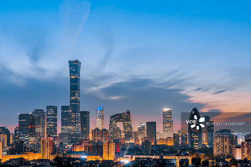中国北京CBD建筑群高视角夜景图片素材