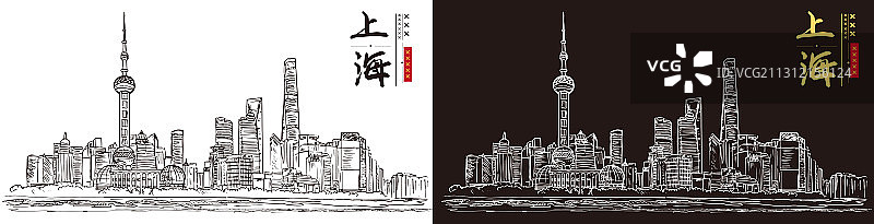 上海市风景素描手绘插画图片素材