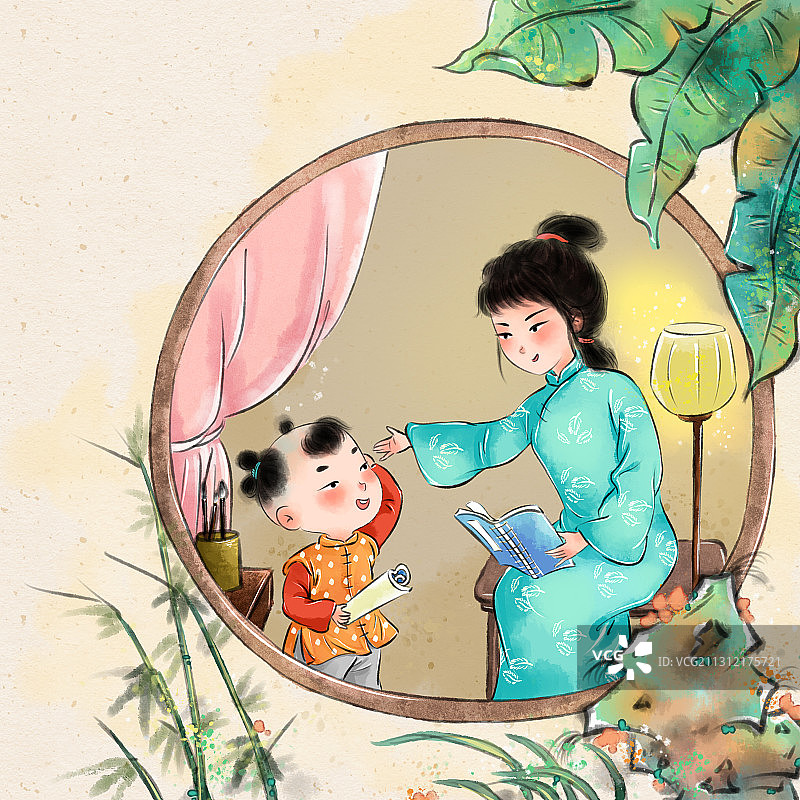 水墨风国学儿童插画系列-稚子学书图片素材