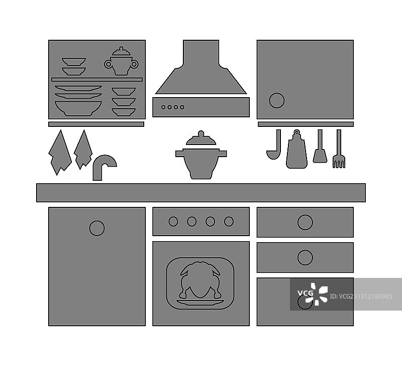 厨房家具图标设置轮廓孤立图片素材
