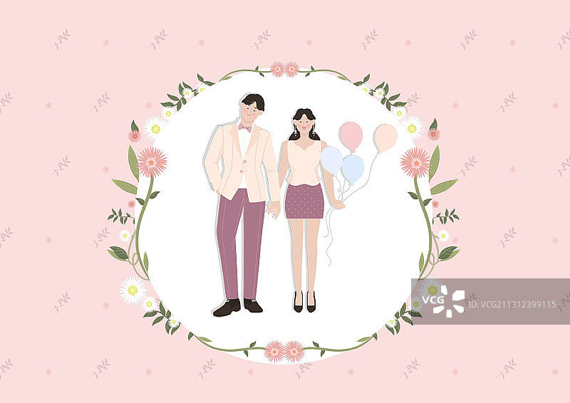 插图的夫妇与服装和西装牵手和气球在花框架图片素材