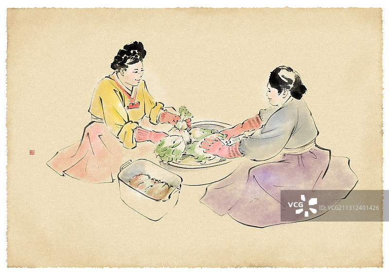 两名穿着韩服做泡菜的女子的水墨画图片素材