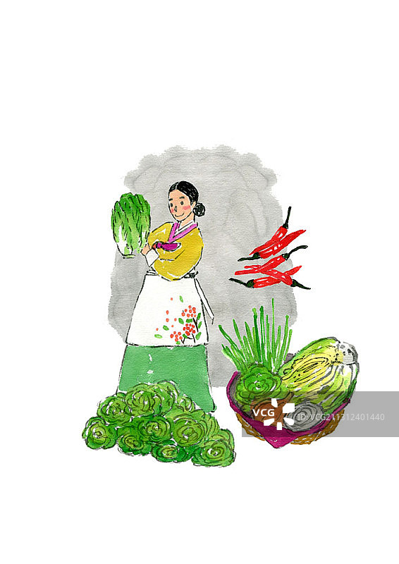 一幅水墨画，画中男子穿着韩服，手里拿着做泡菜的原料图片素材