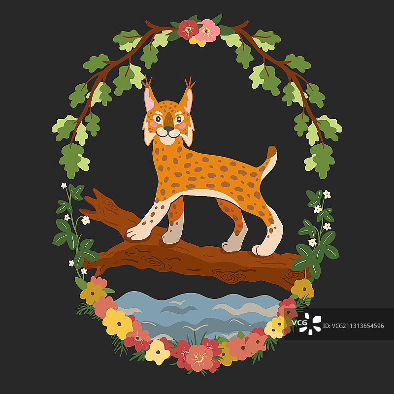 可爱的山猫走在原木上美丽的印花图片素材