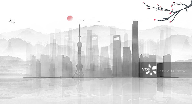上海建筑群中国风复古插画图片素材