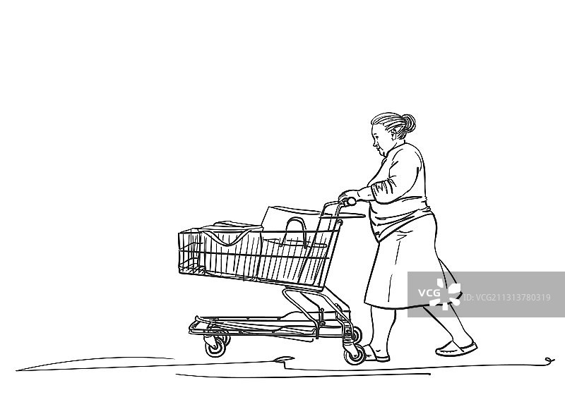 老妇人推着超市手推车图片素材