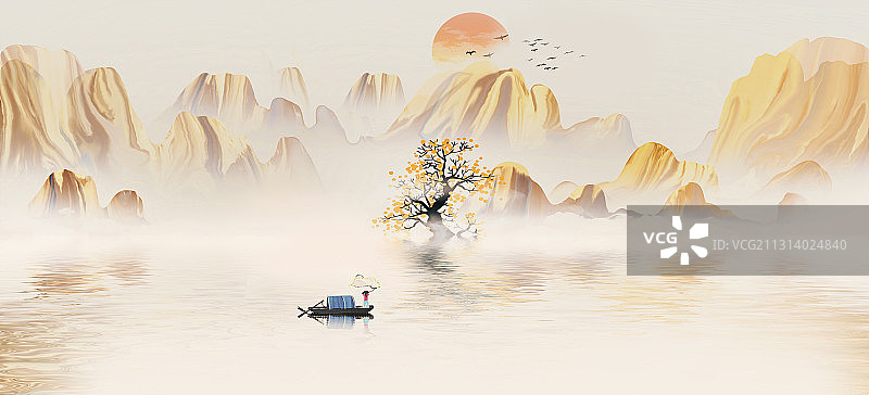 手绘新中式金山抽象山水风景画图片素材