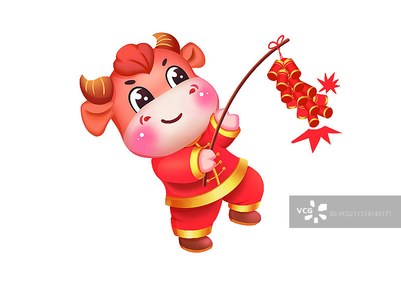 中国红喜庆卡通牛年小牛放鞭炮插画图片素材