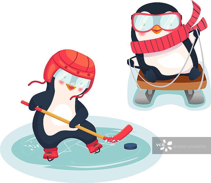企鹅曲棍球运动员和企鹅在雪橇上图片素材