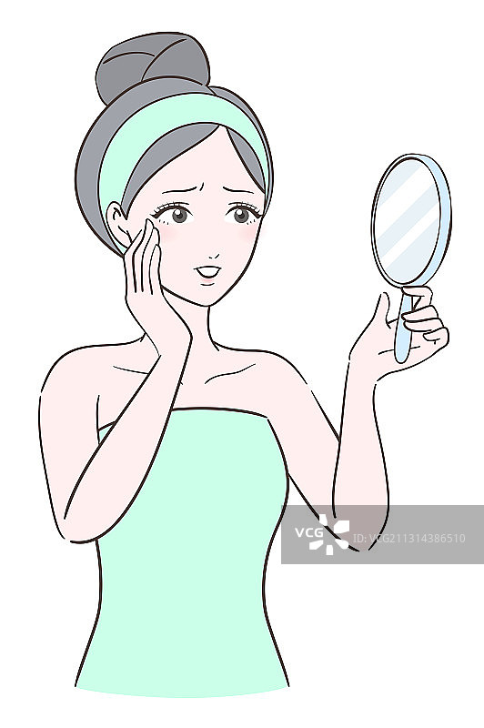 照镜子的圆包头女人图片素材