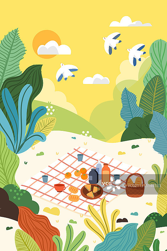 卡通春季立春春分节气朋友野餐美食亲子家人旅游自然风景矢量插画图片素材
