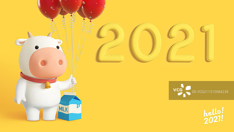 3D可爱的奶牛角色拿着红色的气球旁边的牛奶在黄色的背景图片素材