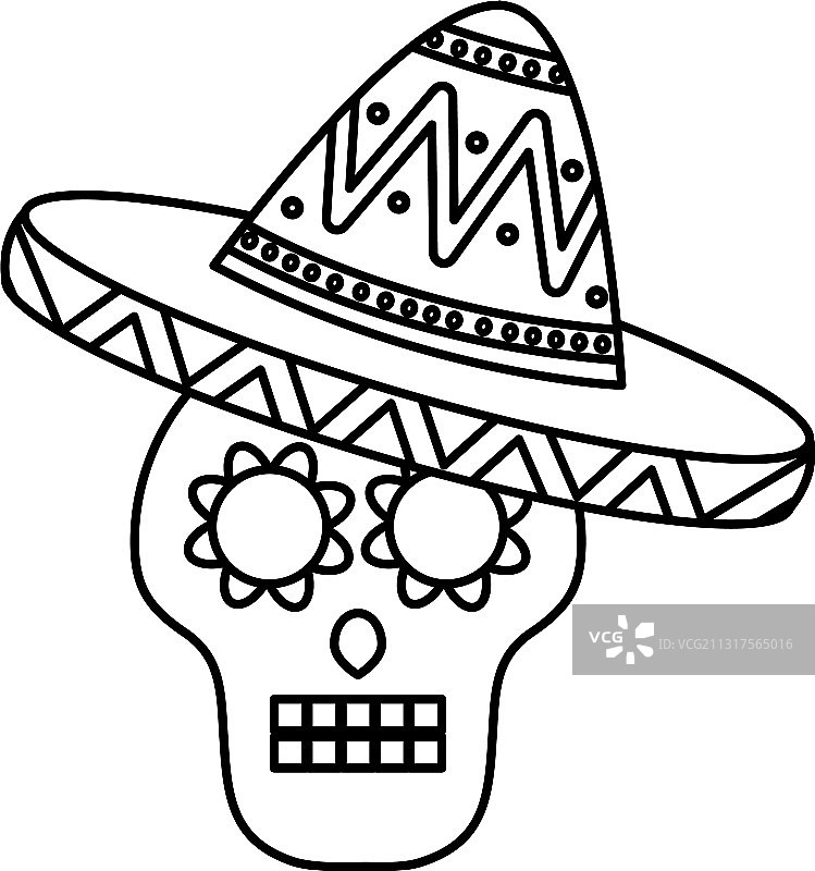 墨西哥糖头骨与帽子图标线风格图片素材