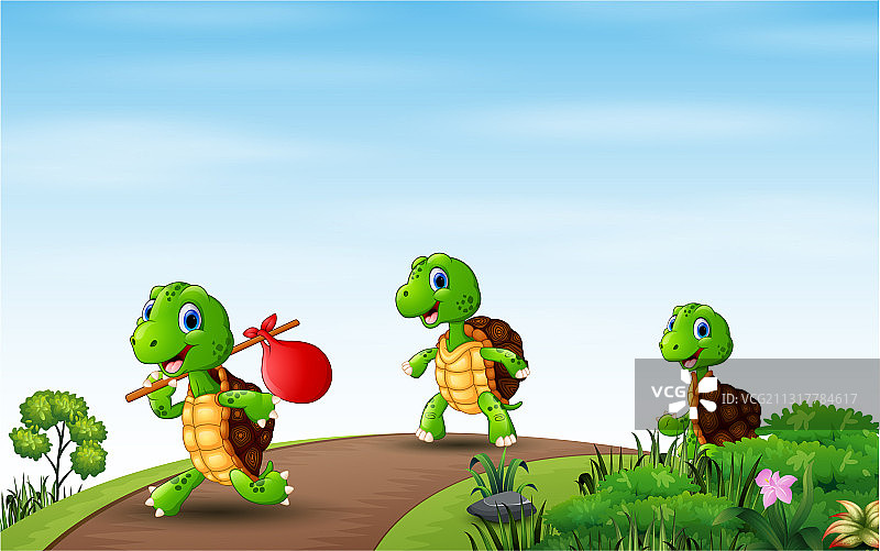 卡通中的三只乌龟在路上奔跑图片素材