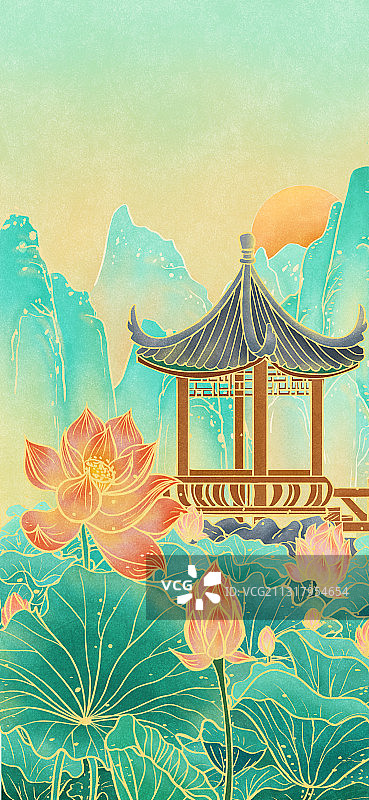 凉亭在荷花池中-中国风大暑处暑节气插画图片素材
