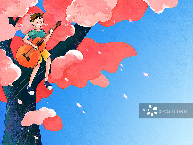 春天男孩坐在樱花树上弹吉他唱歌图片素材