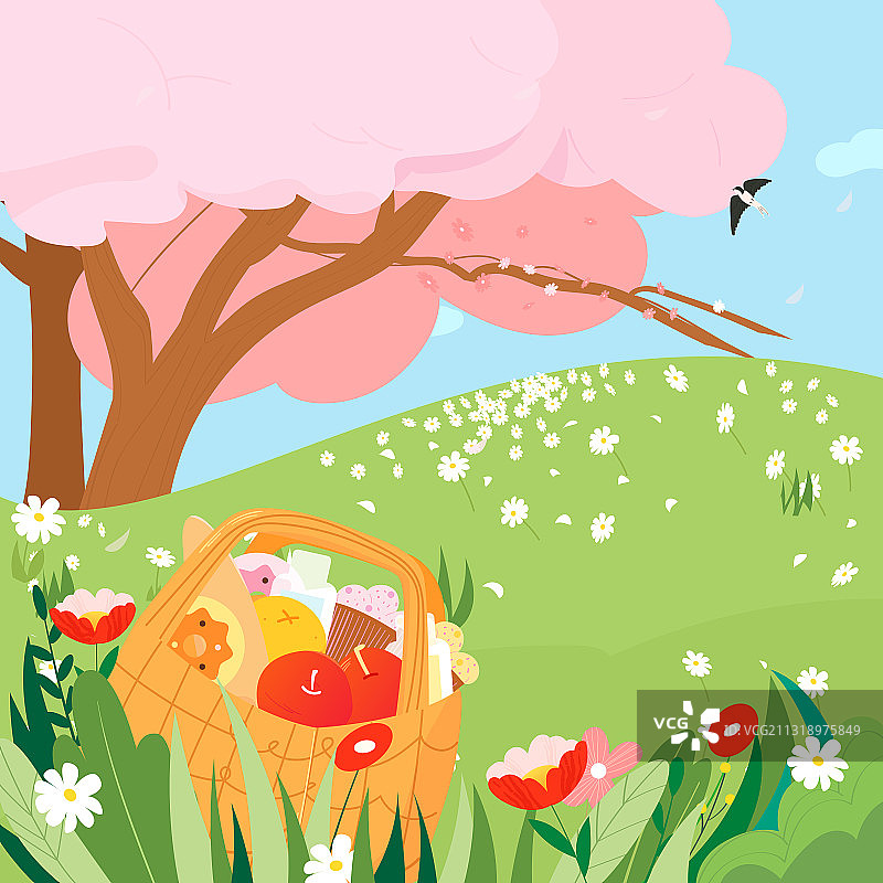春天户外樱花树草地花朵和野餐篮矢量插画背景图片素材